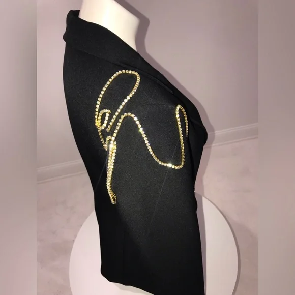 BNWT Custom OPEN EDIT Black Blazer Button Closure Crystal Trim Bling Ladies M